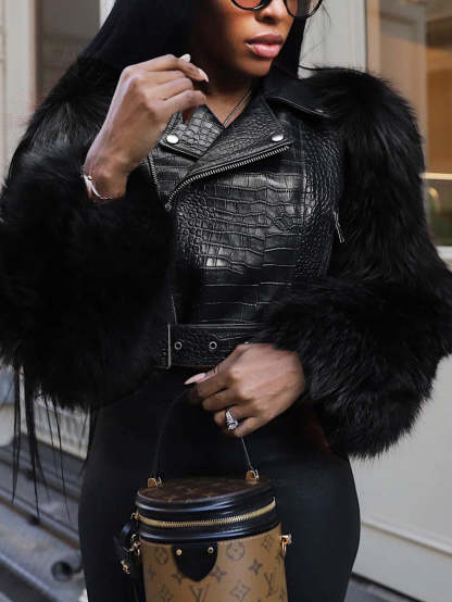 PU Leather Patchwork Moto Jacket