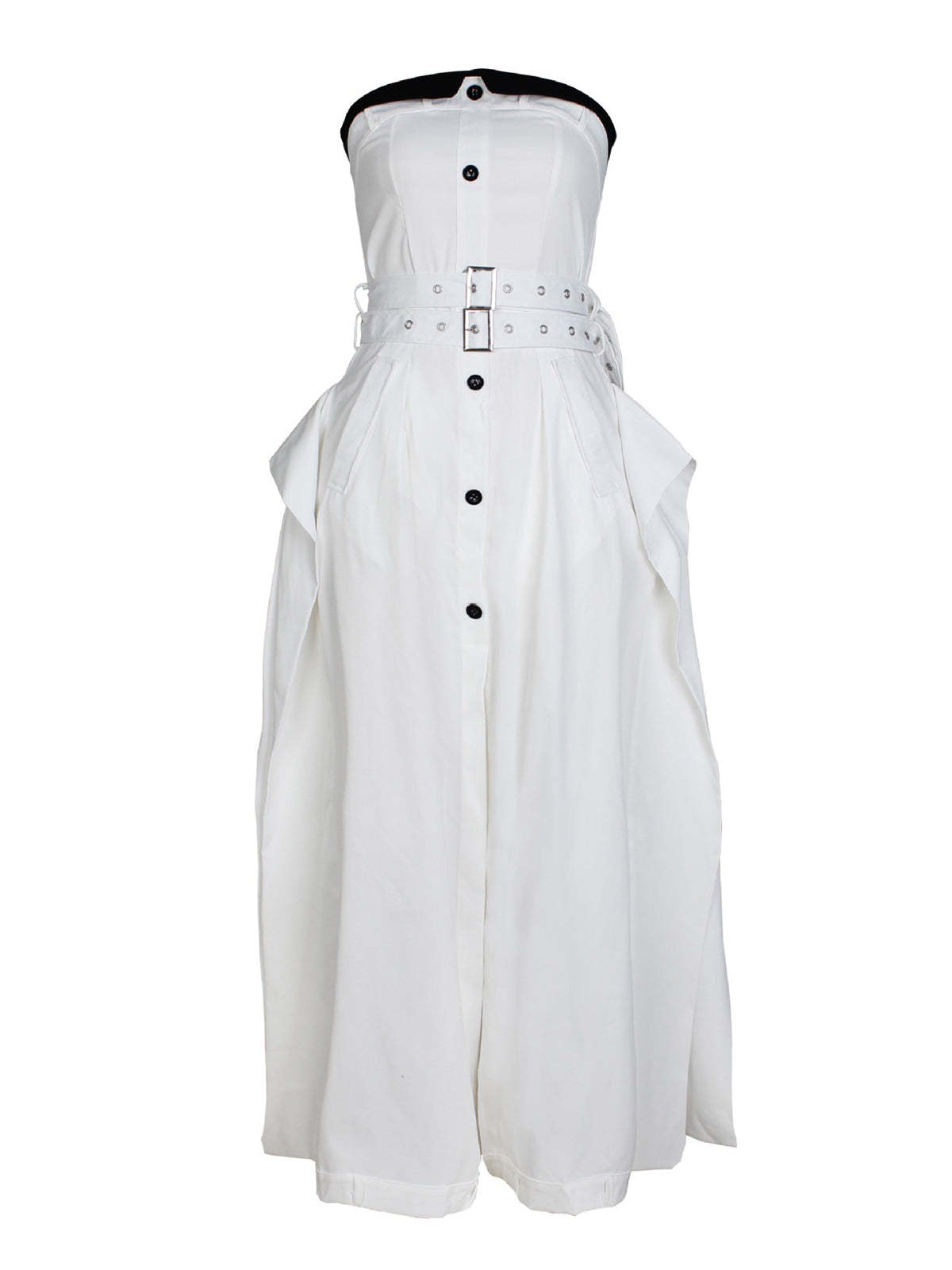 Strapless Button Front Belted A-Line Maxi Dress