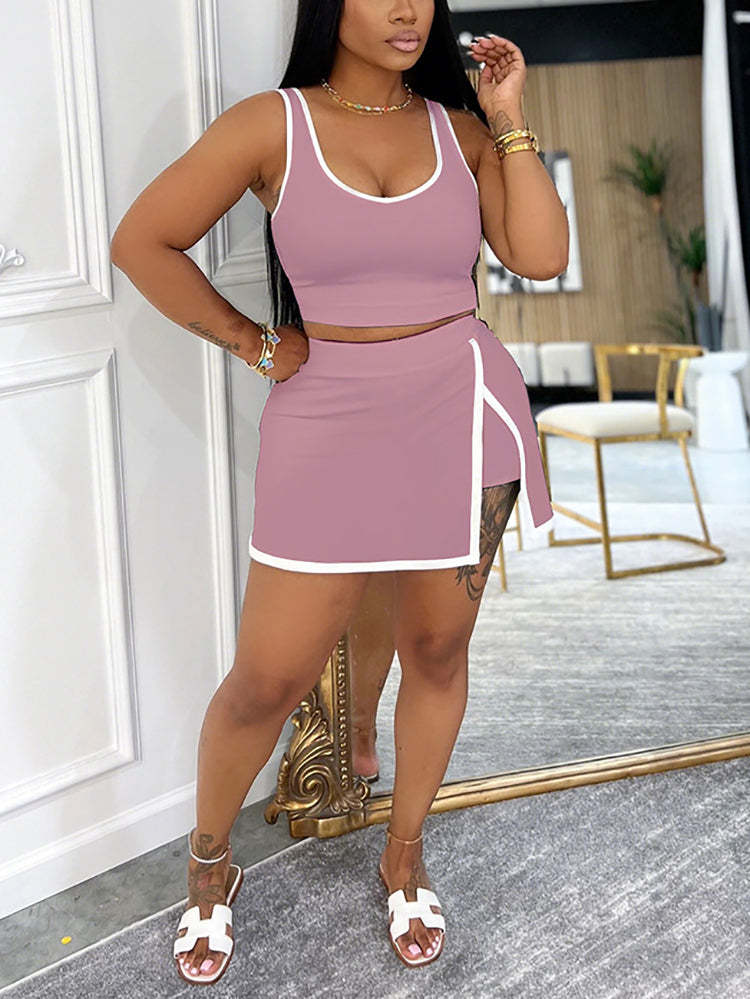 Two-Piece Contrast Trim Crop Top Skirt Shorts Set