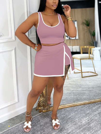 Two-Piece Contrast Trim Crop Top Skirt Shorts Set