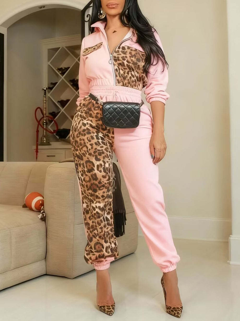 Two Pieces Leopard Patchwork Pants Set