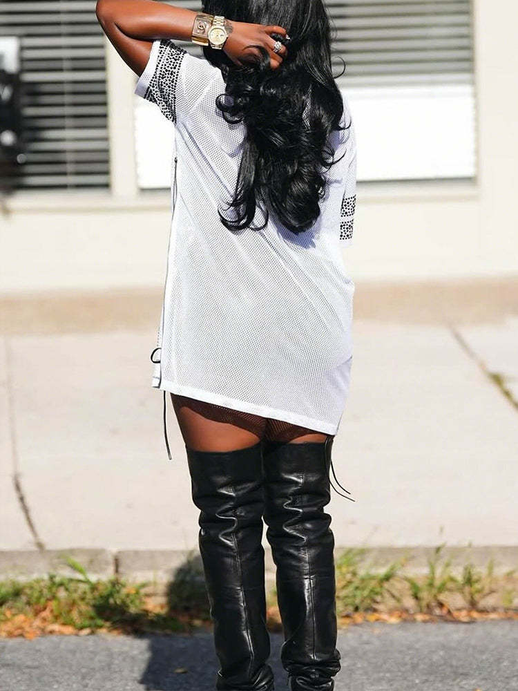 Number Graphic Rhinestone Mesh T-Shirt Dress