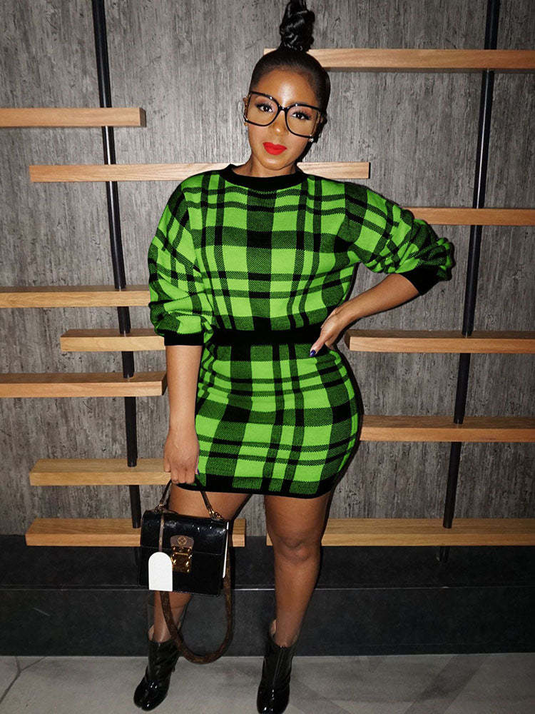 Knit Two Piece Plaid Print Skirt Suit