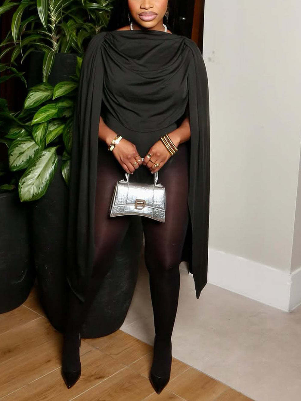 Draped Round Neck Cape Sleeve Romper