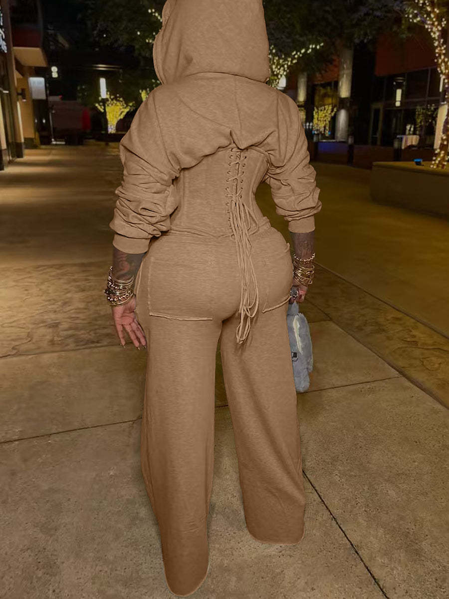 Zip-Up Hoodie Corset Waist Pants Set