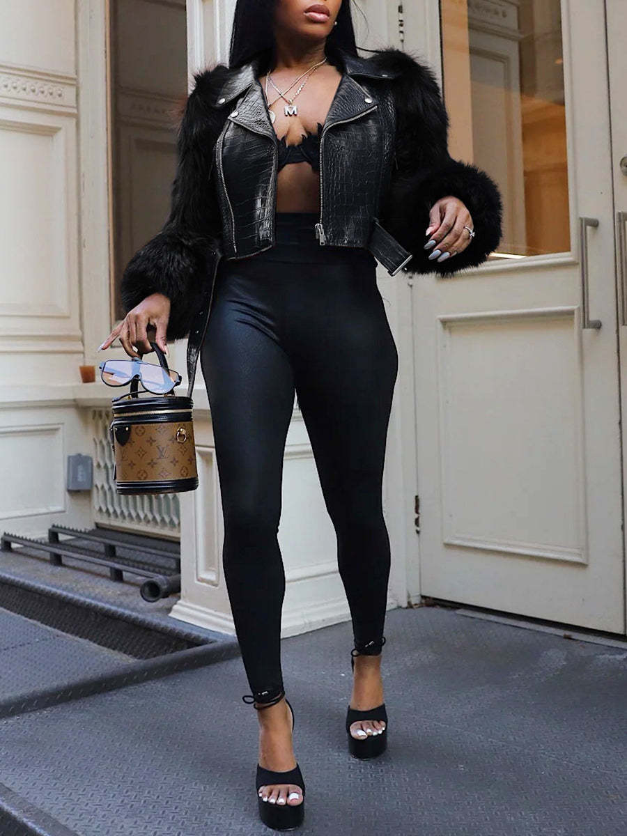 PU Leather Patchwork Moto Jacket