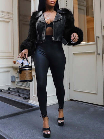 PU Leather Patchwork Moto Jacket