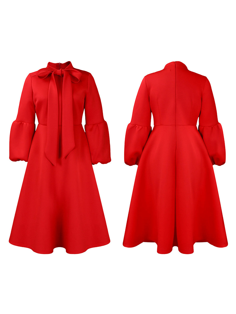 Puff Sleeve Bow-Tie Neck Flared Midi Dress