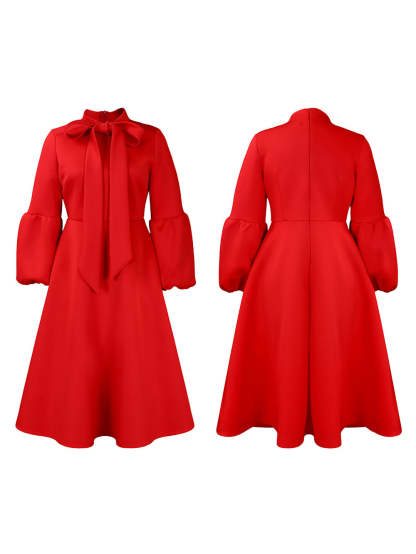 Puff Sleeve Bow-Tie Neck Flared Midi Dress