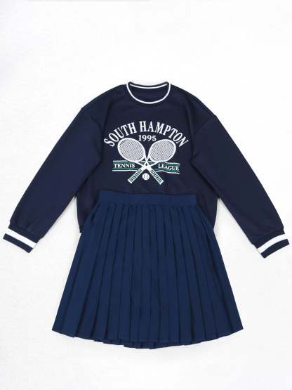 Printed Pullover Sweatshirt & Pleated Skirt Set