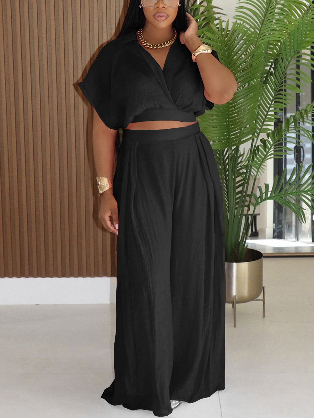 Solid Color Top Wide-Leg Pants Set