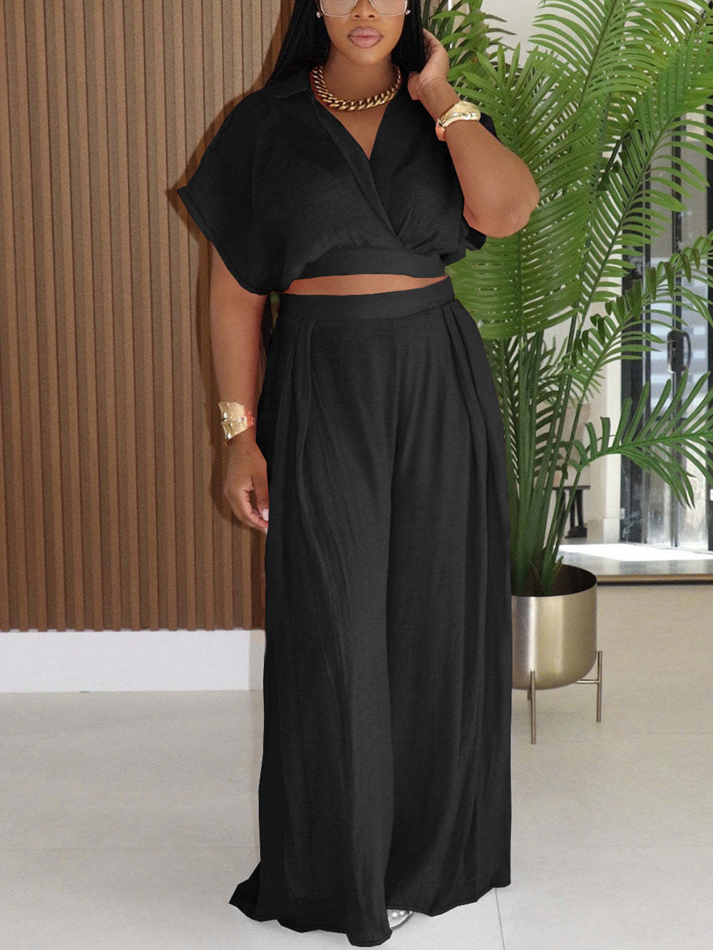Solid Color Top Wide-Leg Pants Set
