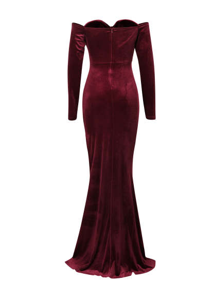 Off Shoulder Velvet Split Maxi Dress