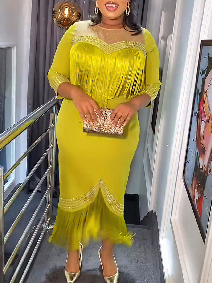Plus Size Rhinestone Fringe Dress | Elegant Party Wear