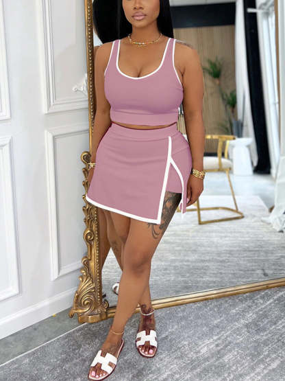 Two-Piece Contrast Trim Crop Top Skirt Shorts Set
