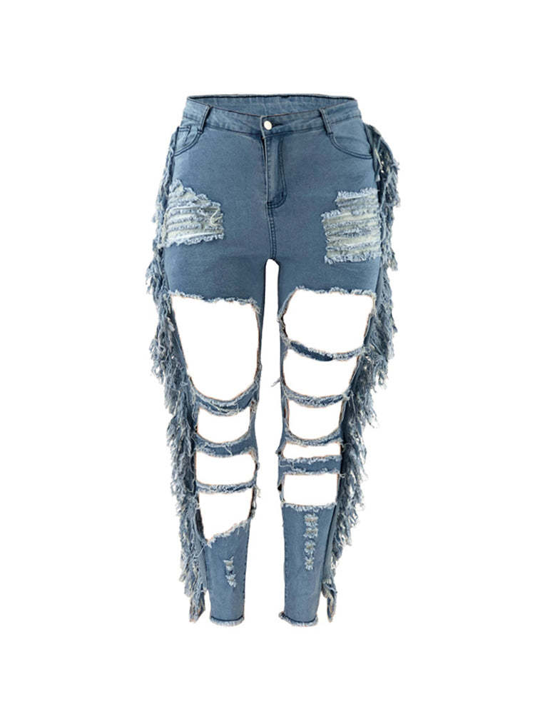 Plus Size Fringe Ripped Cutout Denim Jeans
