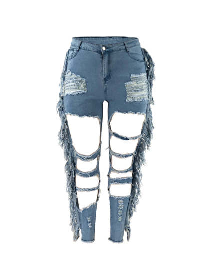 Plus Size Fringe Ripped Cutout Denim Jeans