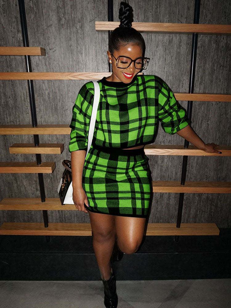 Knit Two Piece Plaid Print Skirt Suit