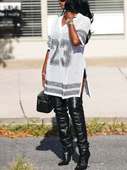 Number Graphic Rhinestone Mesh T-Shirt Dress