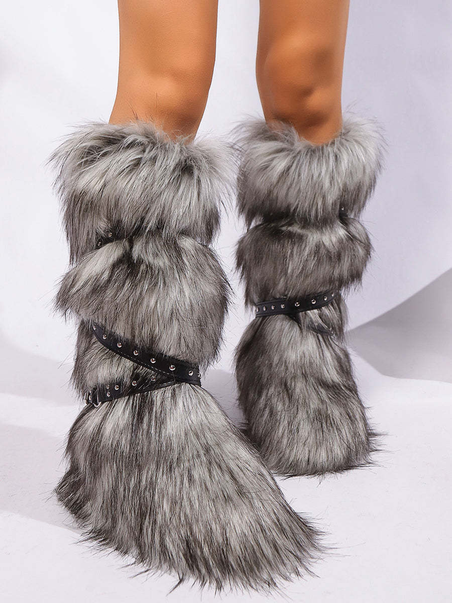 Y2K Faux Fur Cross Strap Buckle Boots