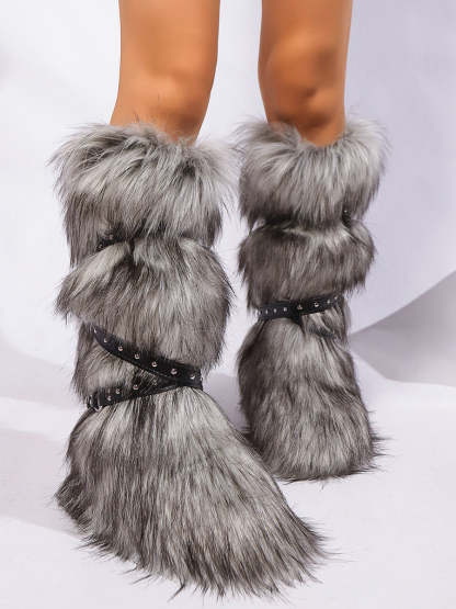 Y2K Faux Fur Cross Strap Buckle Boots