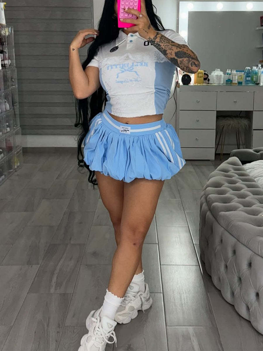 Lace Trim Letter Print Top Pleated Skirt Set