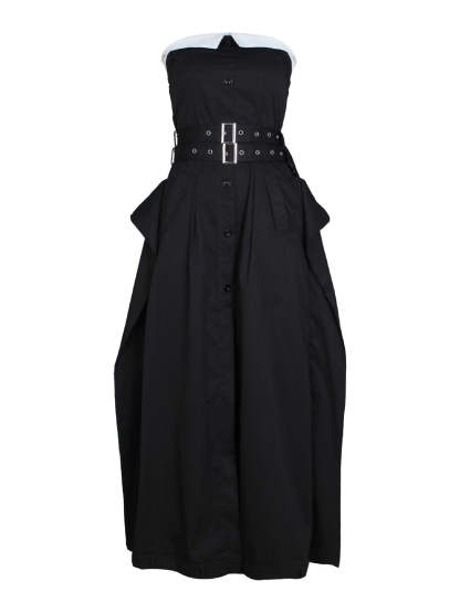 Strapless Button Front Belted A-Line Maxi Dress