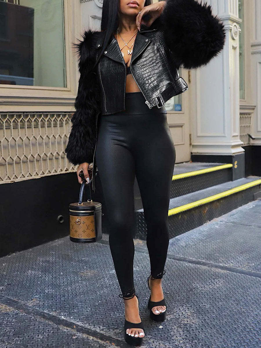 PU Leather Patchwork Moto Jacket