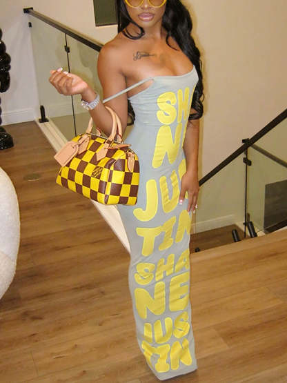 Spaghetti Strap Letter Print Tube Maxi Dress