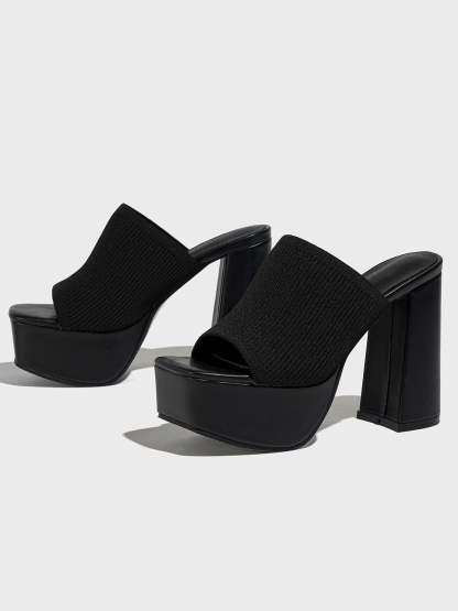 Peep-Toe Knit Platform Heels Slides