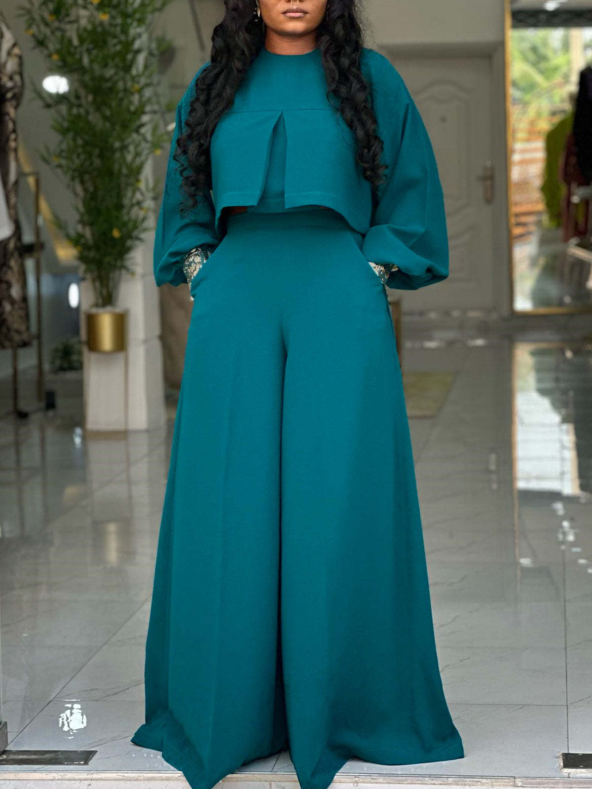 Plus Size Lantern Sleeve Top Wide Leg Pants Set | Elegant Office Lady