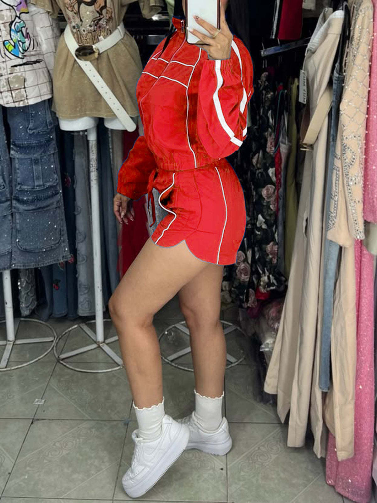 Zipper Colorblock Long Sleeve Shorts Set