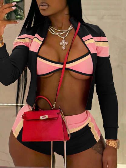 Three Piece Color Block Bra Jacket Shorts Set