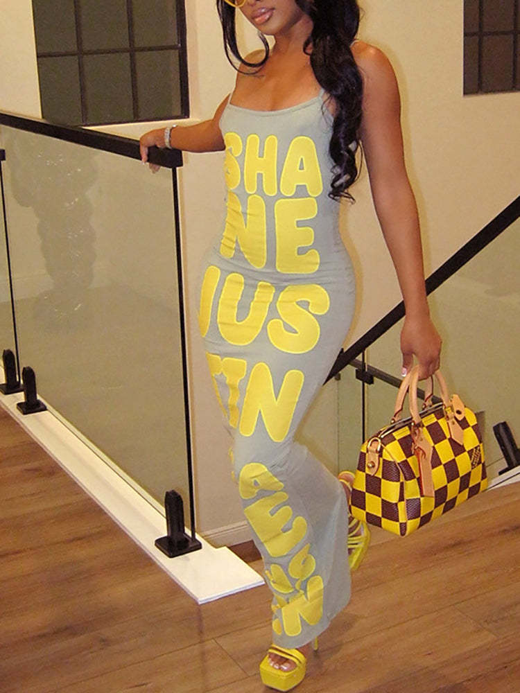 Spaghetti Strap Letter Print Tube Maxi Dress