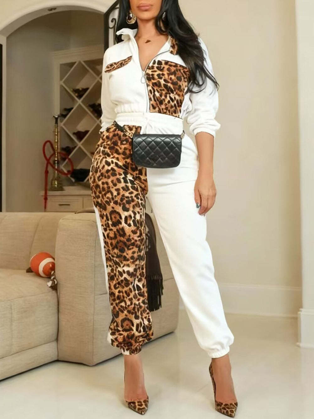 Two Pieces Leopard Patchwork Pants Set