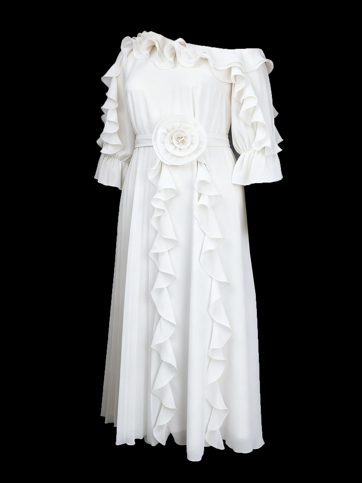 Ruffled Off-Shoulder Pleated Maxi Dress