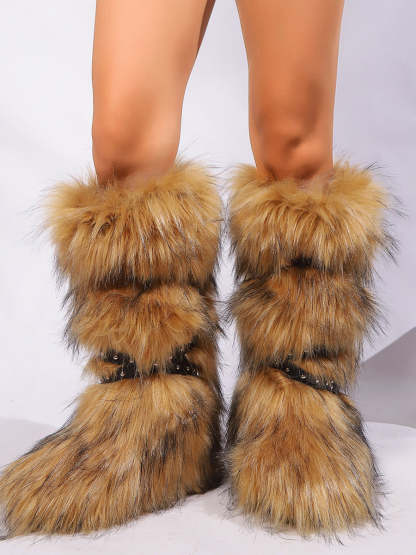 Y2K Faux Fur Cross Strap Buckle Boots