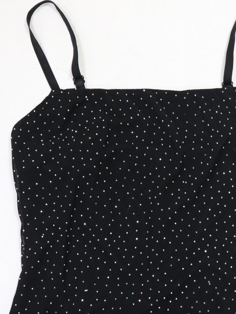 Strap Rhinestone Mesh Maxi Dress