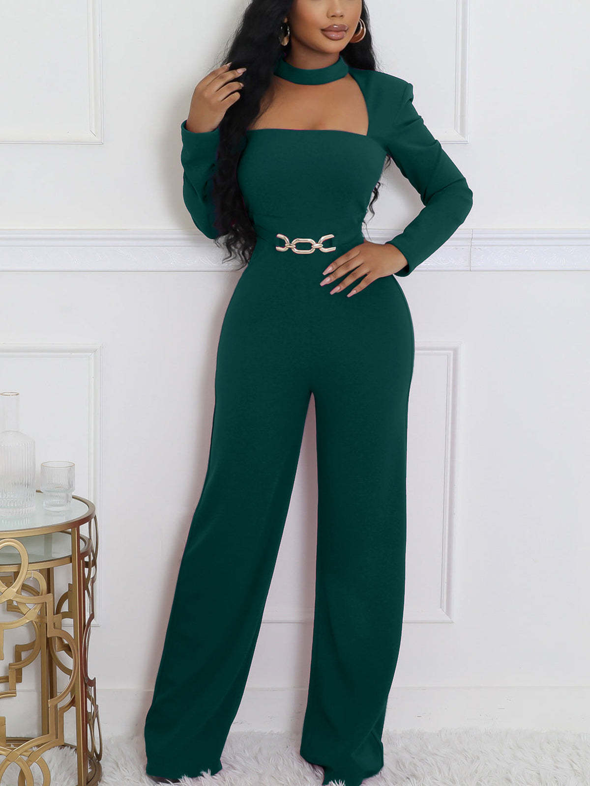 Long Sleeve Choker Waist Chain Jumpsuit