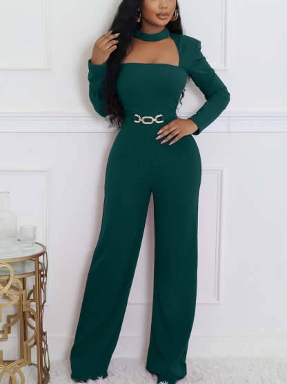 Long Sleeve Choker Waist Chain Jumpsuit