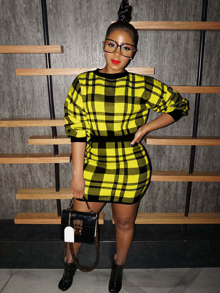 Knit Two Piece Plaid Print Skirt Suit