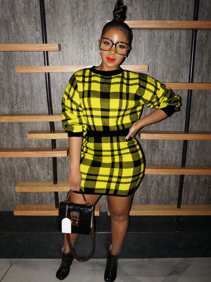 Knit Two Piece Plaid Print Skirt Suit
