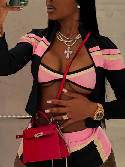 Three Piece Color Block Bra Jacket Shorts Set