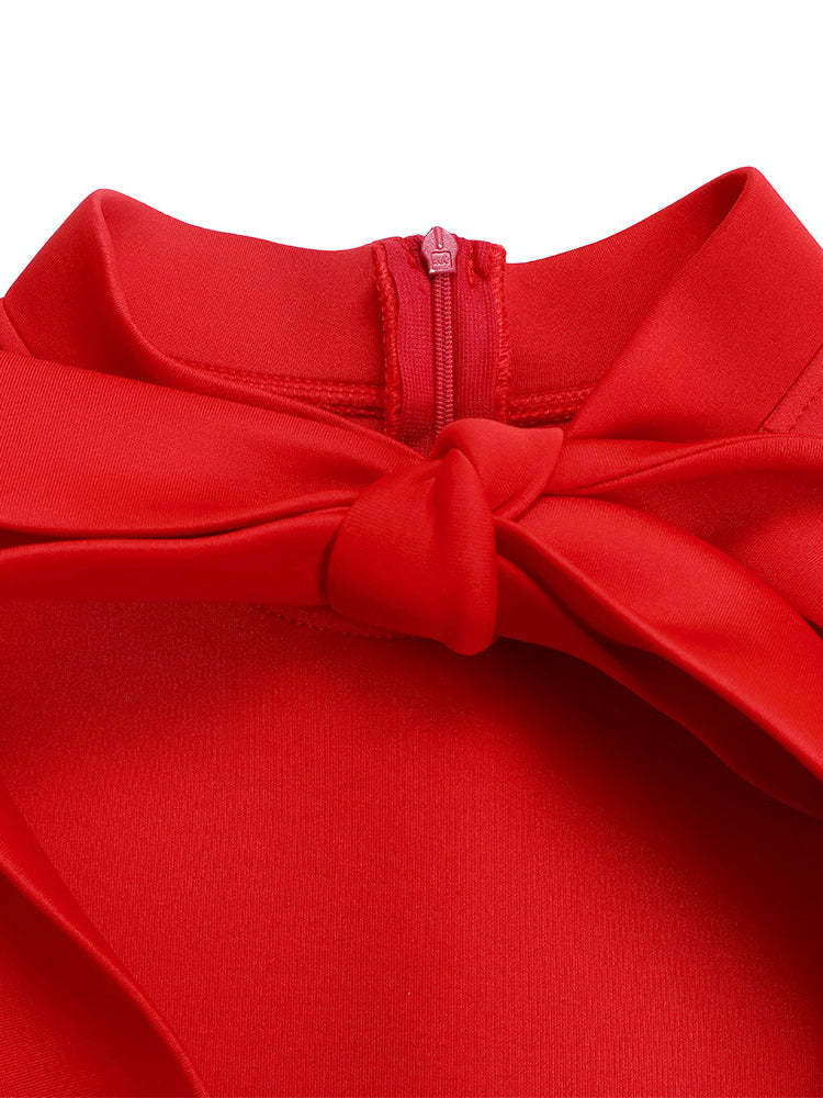 Puff Sleeve Bow-Tie Neck Flared Midi Dress