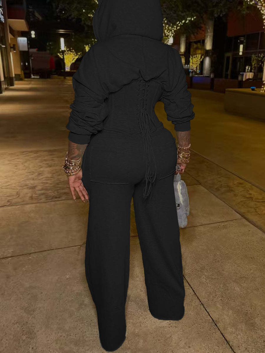 Zip-Up Hoodie Corset Waist Pants Set