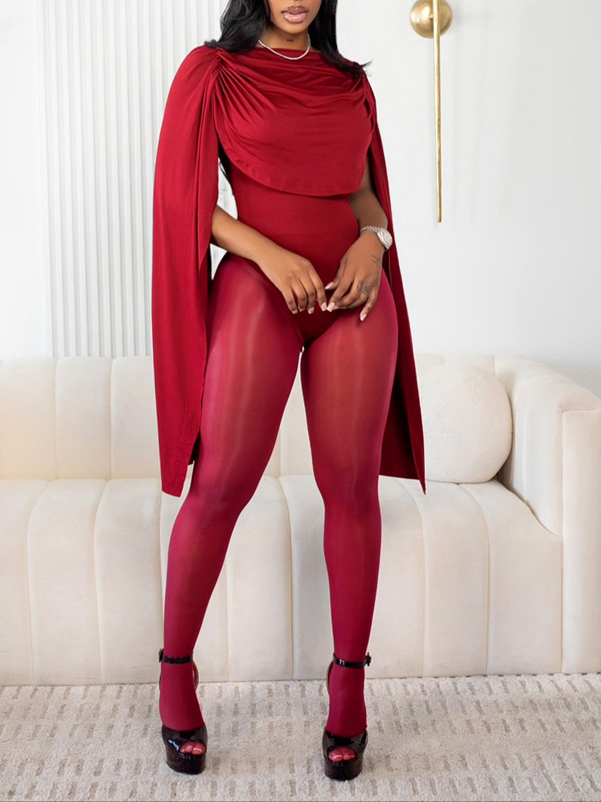 Draped Round Neck Cape Sleeve Romper