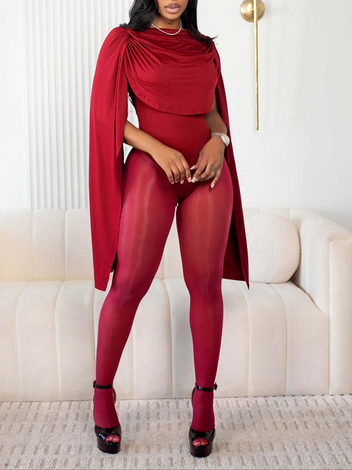 Draped Round Neck Cape Sleeve Romper