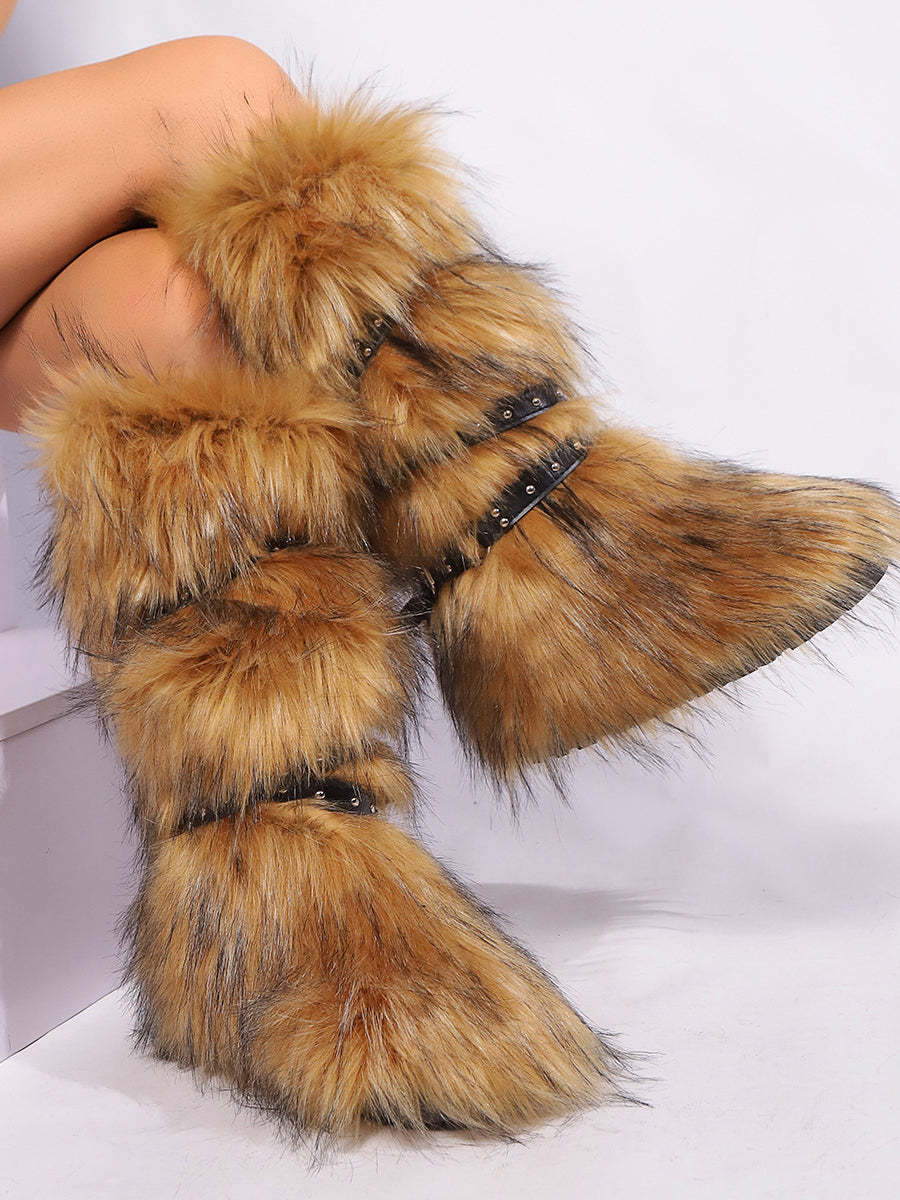 Y2K Faux Fur Cross Strap Buckle Boots