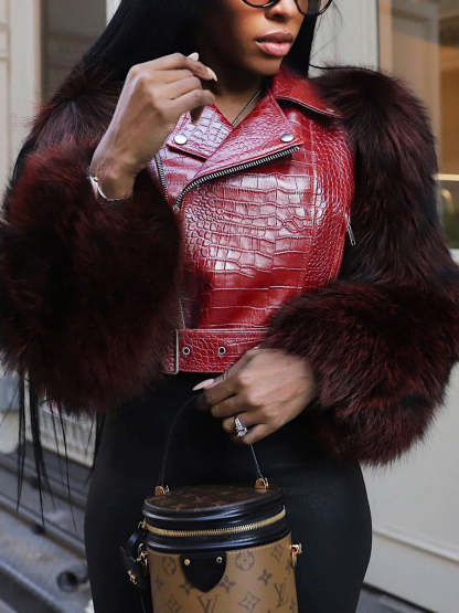 PU Leather Patchwork Moto Jacket