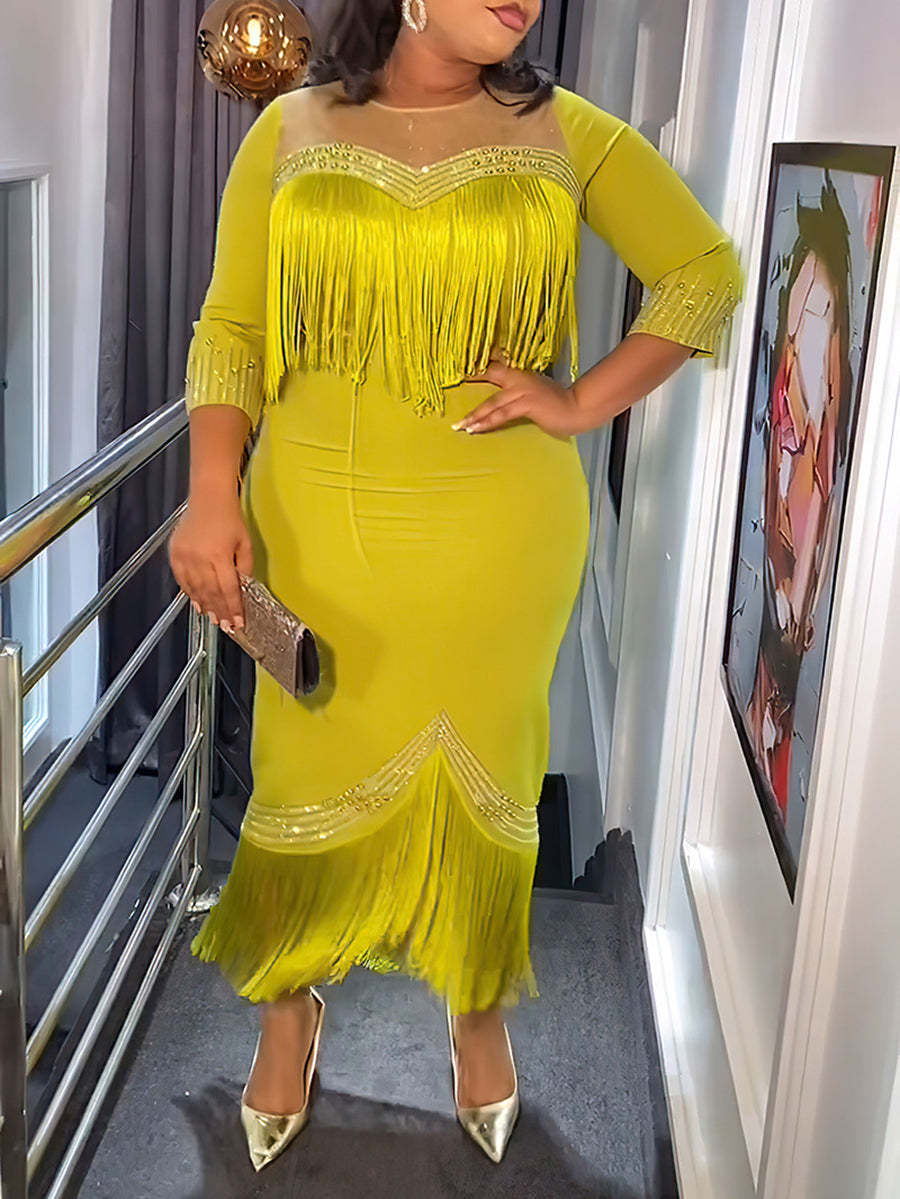 Plus Size Rhinestone Fringe Dress
